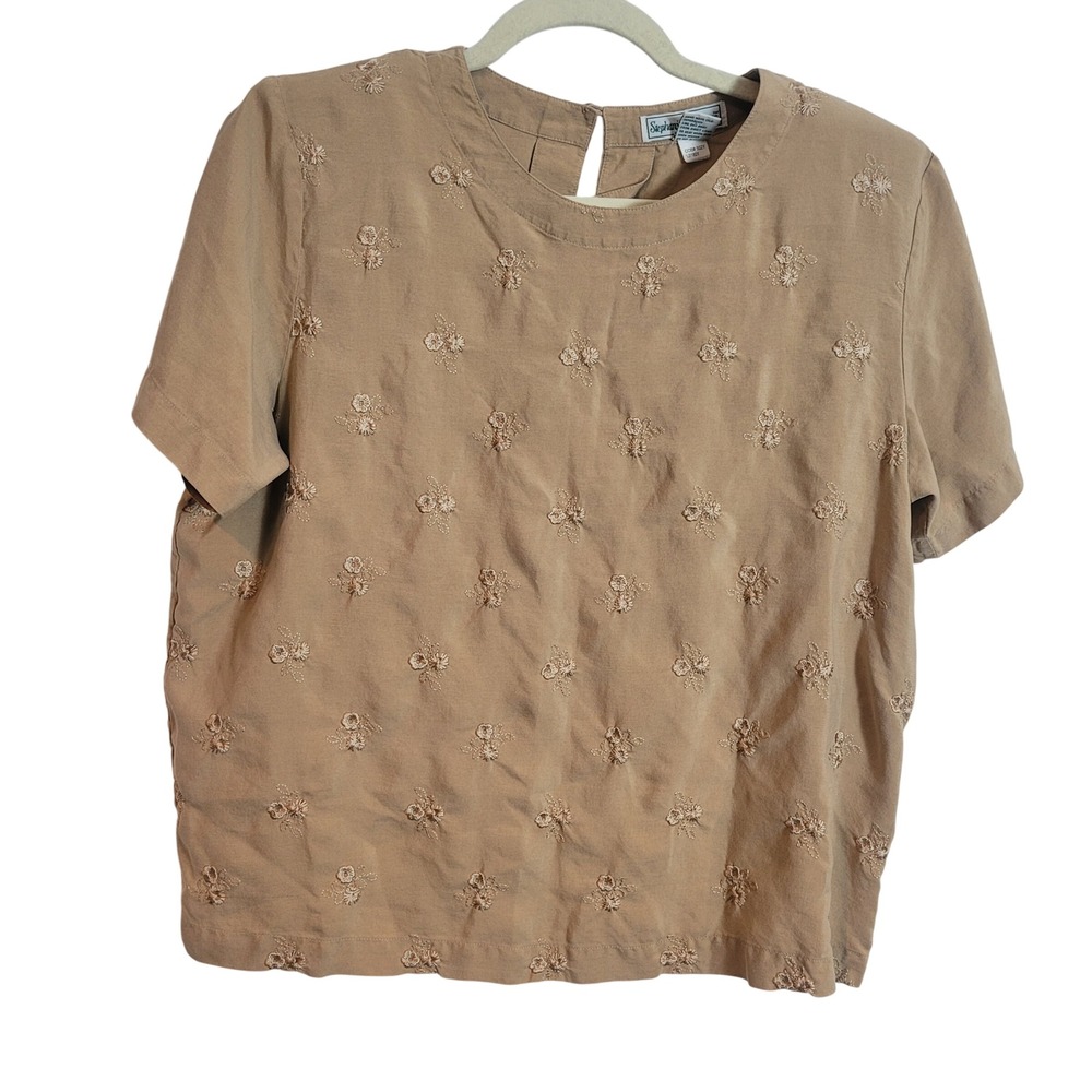 Stephanie Andrews Tan Silk Floral Embroidered Short Sleeve Blouse Womens XL VTG